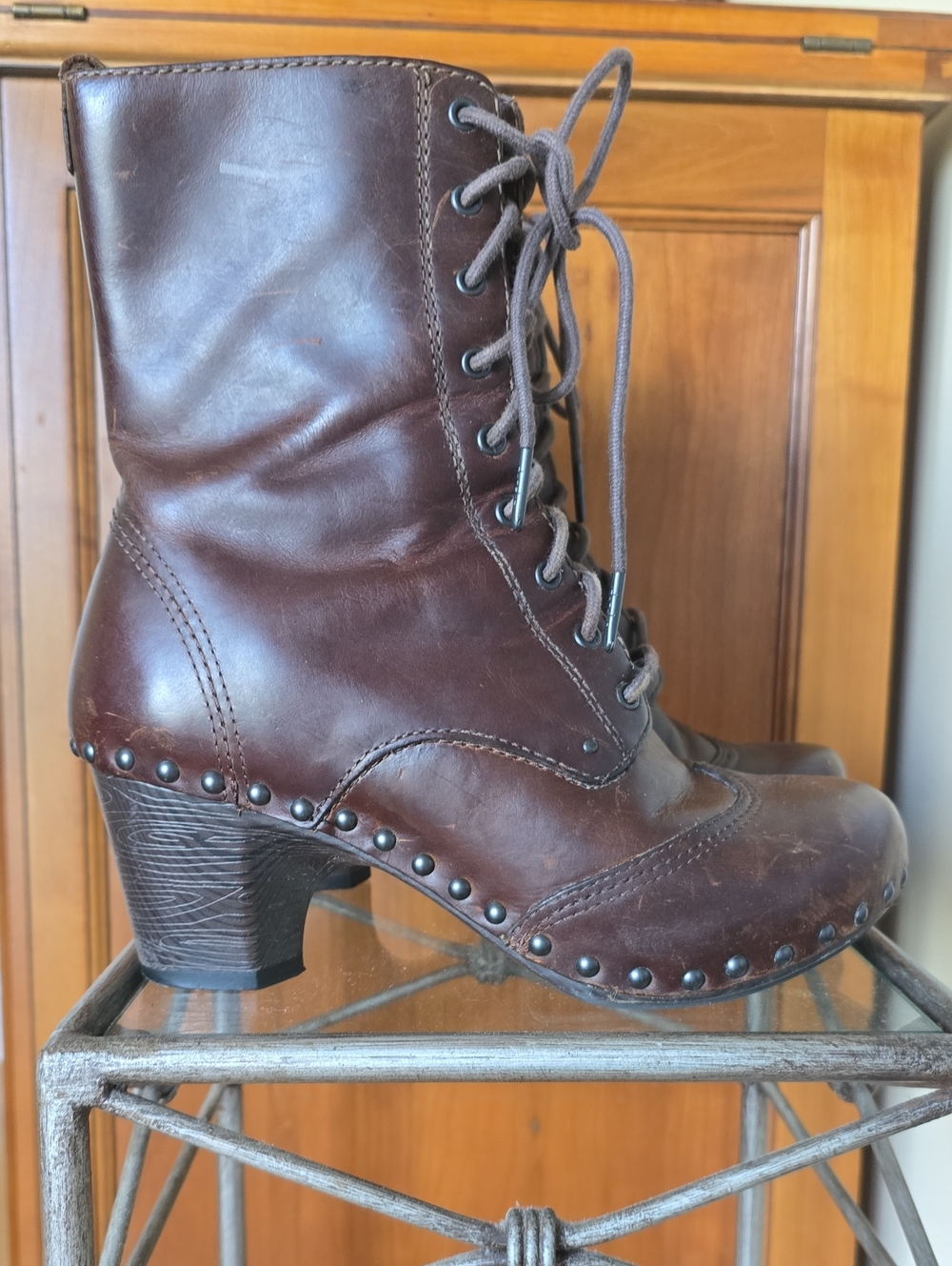 Dansko Women's Brown Leather Lace-Up Studded Heeled Boots